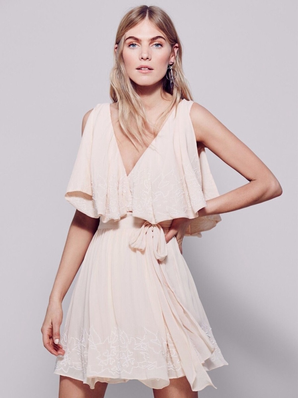 Free People Sluvia Blush Flutter Sleeve V-Neck Mini Dress
